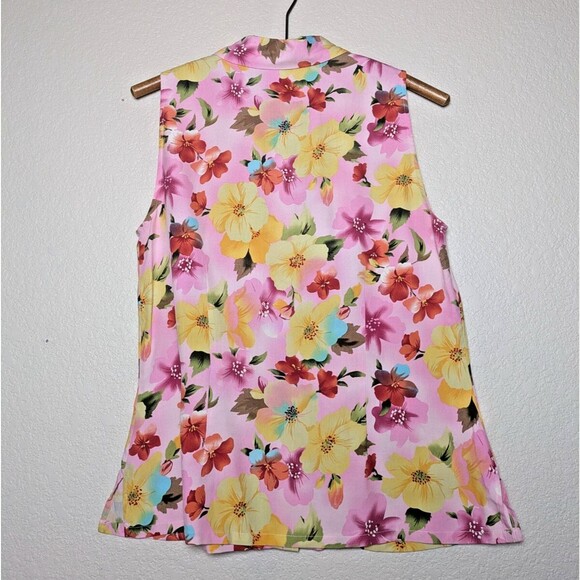 Pink Yellow Tropical Floral Silk Tank Top Size Medium Festival Retro Vacation - Picture 5 of 6
